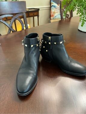 Valentino Black Leather Ankle Boots with Gold Stud Trim